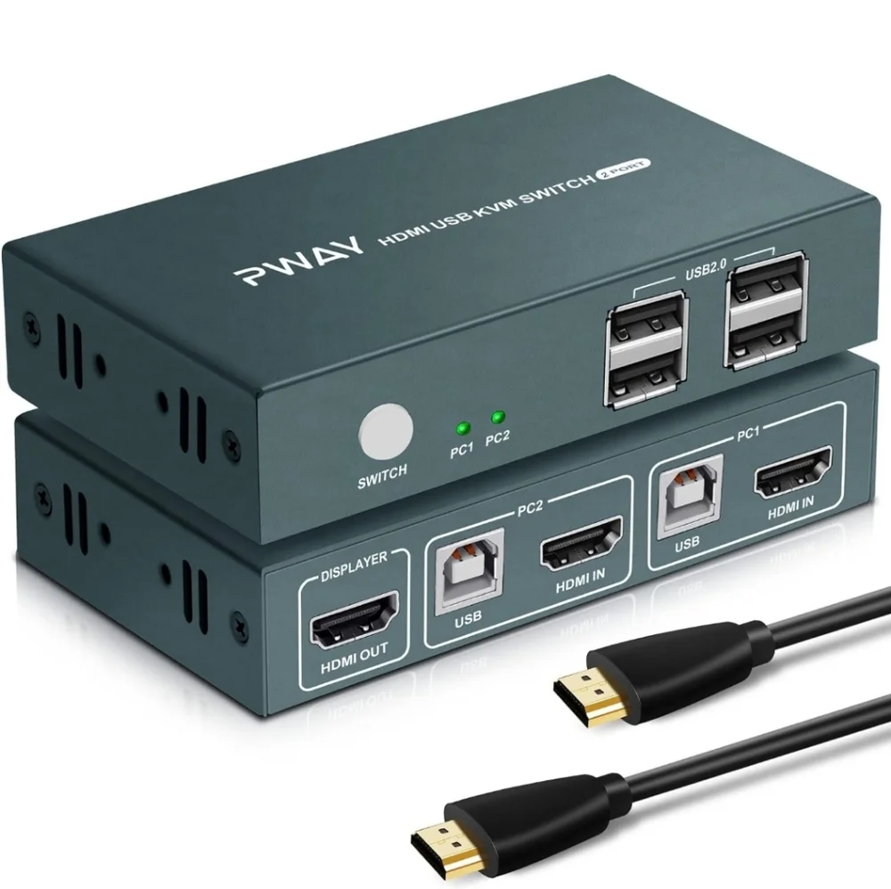 KVM Switch HDMI 2 in 1 Out Box, 4K@30Hz with USB 2.0 Hubs, HDMI Cables and USB-B